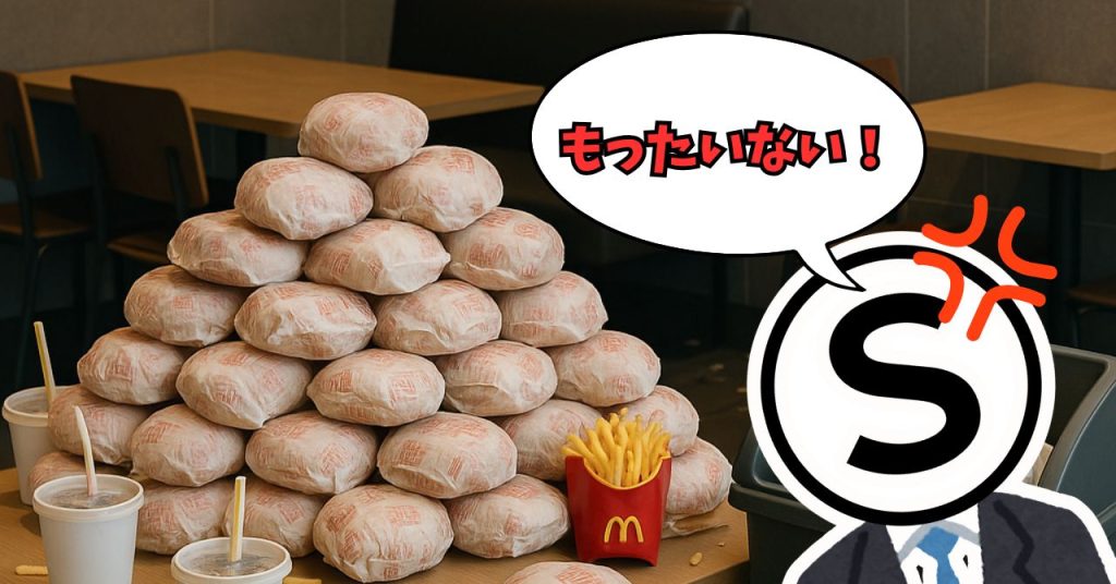 大量のハンバーガーがテーブルに放置され困惑する平社員Sの様子を描いたコミカルなシーン|転売買い占め問題を風刺