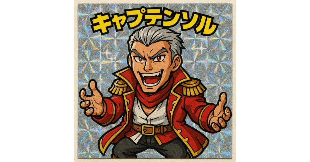 名前ロゴが書かれ、厚みのある輪郭線で描かれたコミカルなソルのビックリマン風
