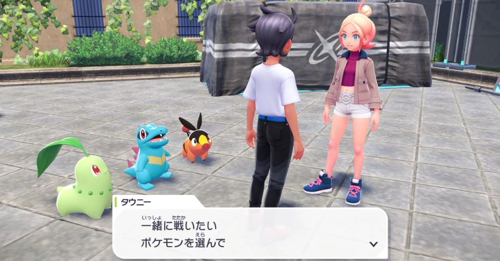 初めての相棒ポケモンを選ぶ場面。ワニノコ、ポカブー、チコリータの3匹が並んで登場。