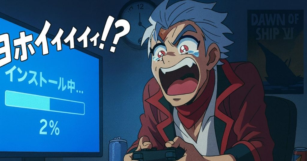 新作ゲームの初日ダウンロードに時間がかかり、深夜まで待機するソルのコミカルなイラスト｜プレイできないもどかしさを表現