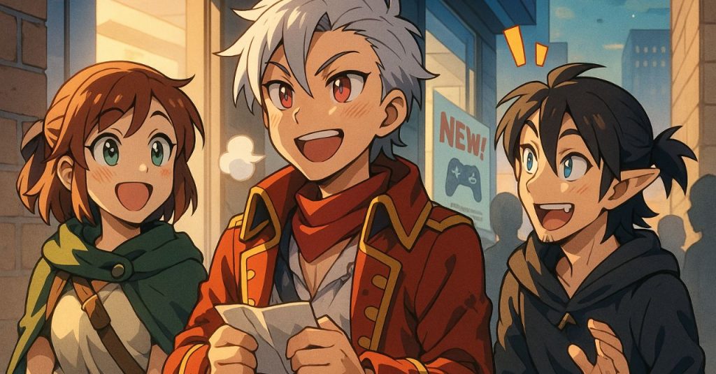 発売日に仲間たちとワクワクしながら新作ゲームの到着を待つソル｜ゲーマー同士の高揚感と期待感を表現したイラスト
