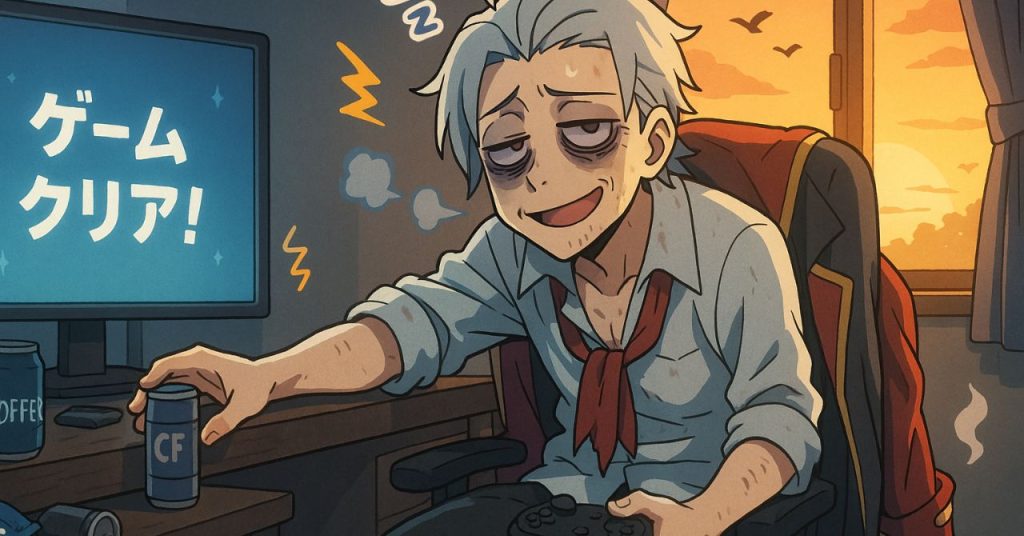 夜通しゲームをプレイし、朝焼けを背に達成感を味わうソル｜徹夜ゲーマーの幸福な後悔を描いた印象的なワンシーン