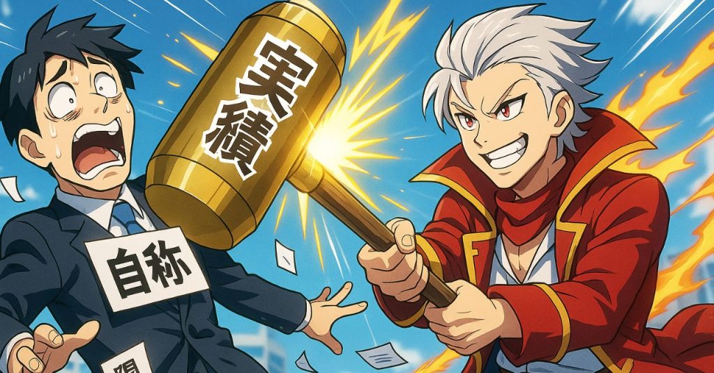 “実績”の札が付いたハンマーで“自称”を吹っ飛ばすソルの痛快バトルシーンイラスト