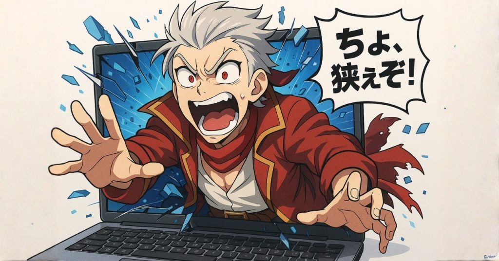 Sora 2で生成したソルがPC画面から物理的に出てくる画面