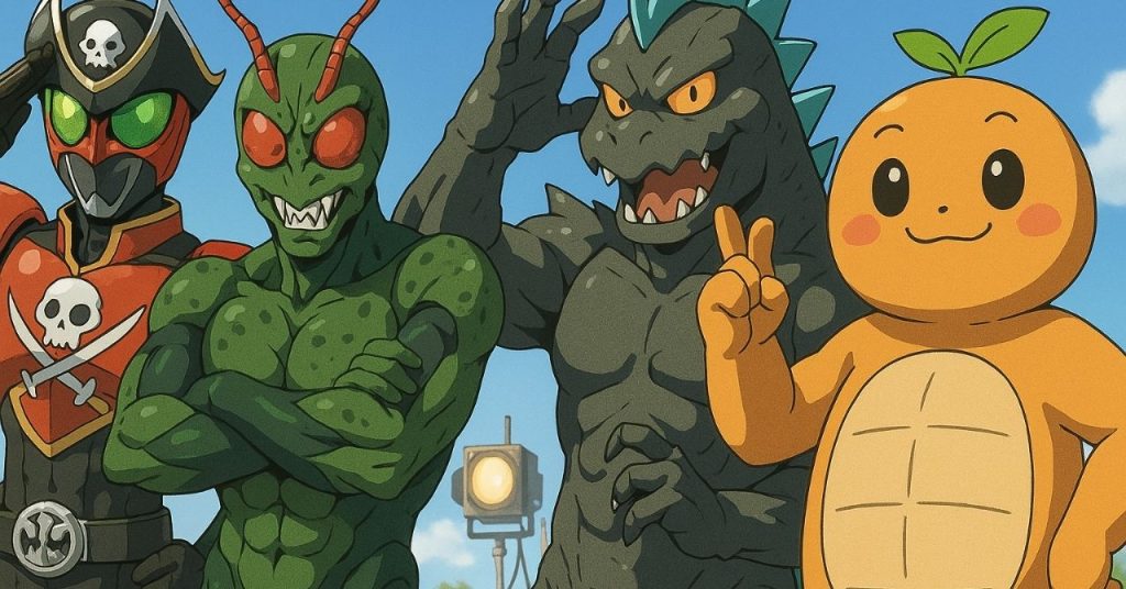 スーツアクターが演じるヒーロー・怪人・怪獣・ゆるキャラの並び。