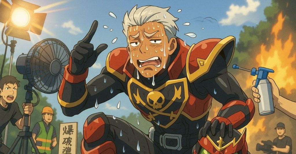炎天下でアクション撮影を行い、汗だくで疲弊するスーツアクターのソル。