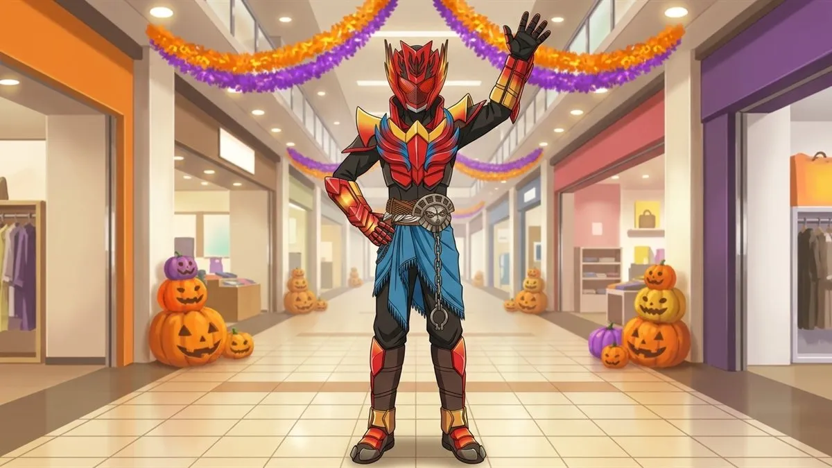 ハロウィンの飾りつけをしたショッピングモールの通路で、キャプテン・ソルが大きく手を振ってみんなを出迎えているイラスト